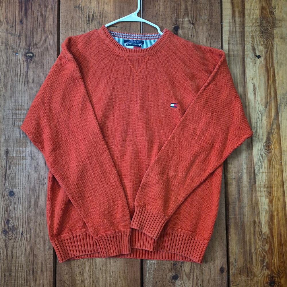 Vintage Hilfiger Mens XXL Orange Cotton Crewneck Sweater Flag Logo Pullover
